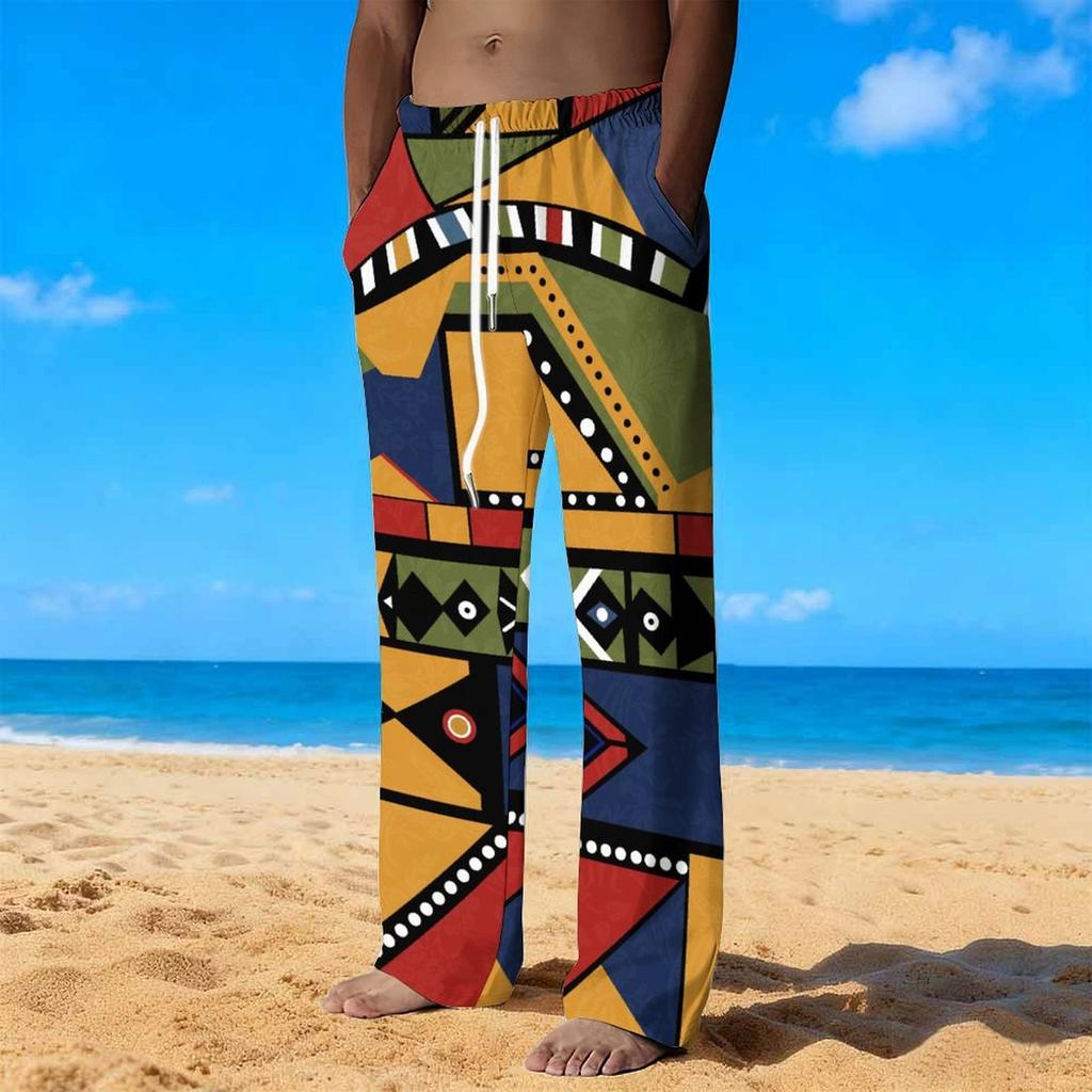 Men Orange Green Red African Kente Geometric Print Drawstring Straight Trousers With Side Pockets Ethnic Bottoms