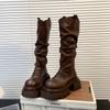 Korean goods thick-soled V-mouth folds piled high boots women look thin but knee long boots increase height 7cm big-headed knight boots