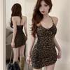 Neck sling Spice girl hip skirt leopard print short skirt sleeveless cotton ribbed pure desire wind tight dress with chest pad women