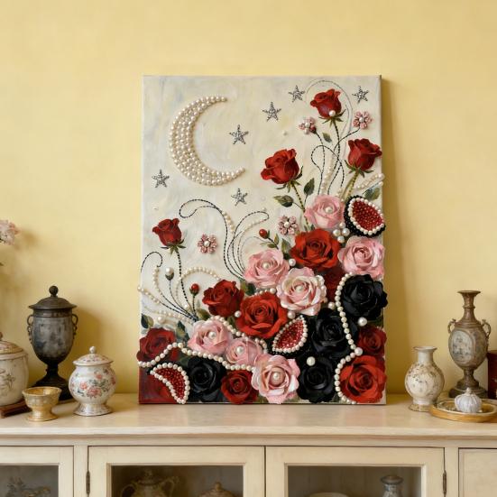 Faux Pearl Painting DIY Kit Easy Intuitive Craft Flower Pattern Painting with Pre-Printed Canvas