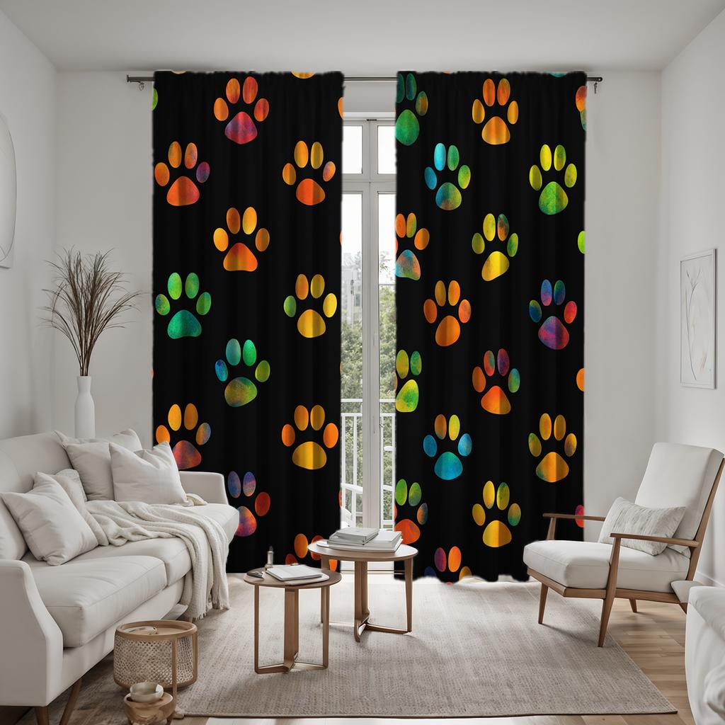 2 Stück HD Digital Schwarze Farbe Tierpfotenabdruck Vorhänge Heimdekorationsstil Dekoration Wohnzimmer Schlafzimmer Ösenvorhänge