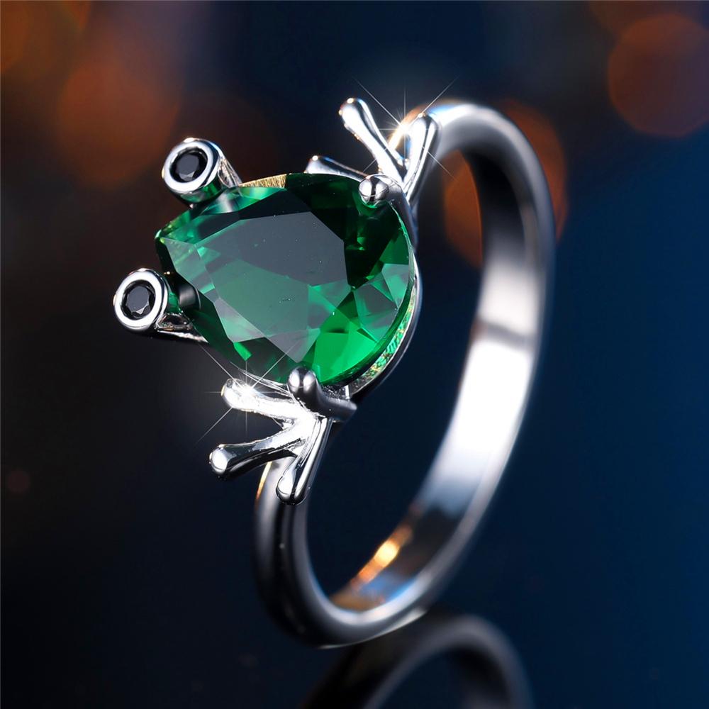 Trendy Crystal Green Zircon Silver Color Wedding Bands Cute Flog Rings For Women Men Minimalist Jewelry