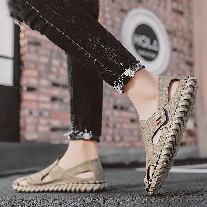 Fashion Men Handmade Sandals PU Solid Color Hollow Soft Sole Business Casual Sandals Comfortable Breathable Non Slip Beach Shoes