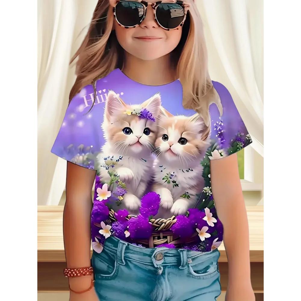 Funny Cat Pattern Children's 3D Digital Printing Fashion Casual Girl Round Neck Short Sleeved T-shirt