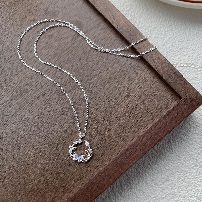 Sterling Silver Butterfly Wreath Necklace - Elegant, High-End Pure Silver Clavicle Chain for Women Pure Silver