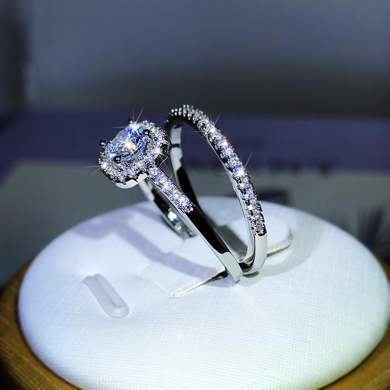 New Small Couple Ring  Sterling Silver Popular Fashion Four-Claw Zircon Ring Two-Piece For Ladies Party Birthday Jewelry Gift