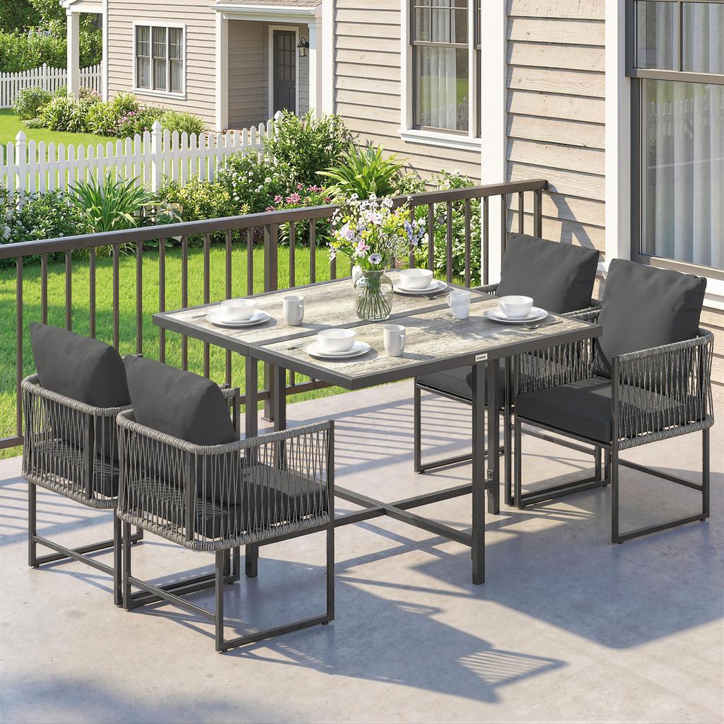 Poly Rattan Garden Furniture Set 5-Piece Space-Saving Seating Group Table with 4 Chairs DPC Tabletop Cushions Grey