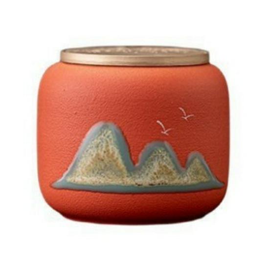 Hand-painted Black Ceramic Tea Caddy with Distant Mountain Design - Small, Simple, Sealed for Freshness