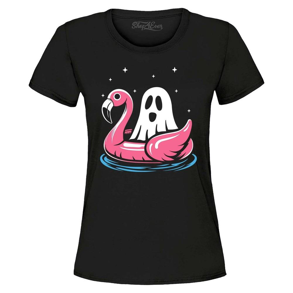 Ghost with Pink Flamingo Floatie Women's T-Shirt Halloween Summerween Shirt