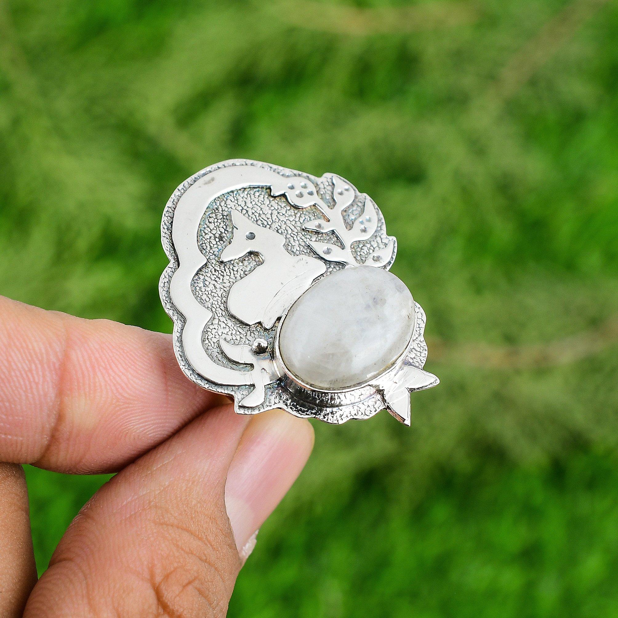 

Sterling Silver Natural Rainbow Moonstone Bezel Birthday Statement Ring Jewelry Adjustable