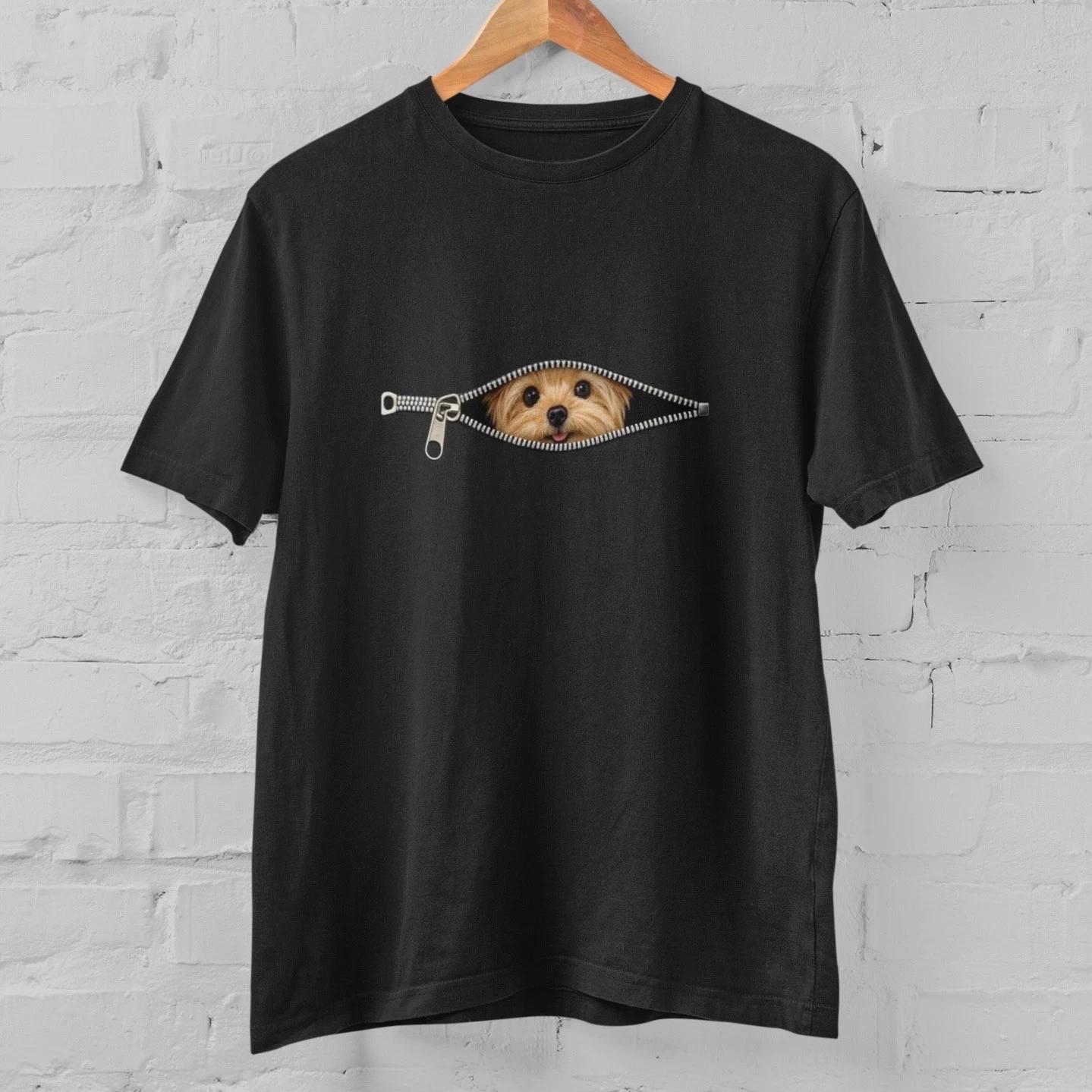 Cute Dog Zipper T Shirt Puppy Peek Funny Pet Lover Graphic Tee Unisex 100 Cotton XS