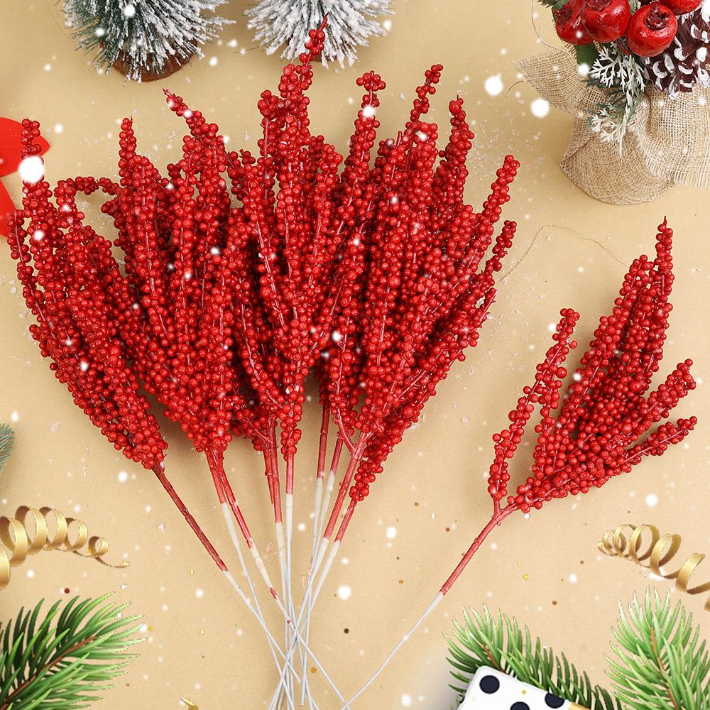 Neuer Weihnachts-Rotbeeren-Zweig Künstliche Stechpalmenbeeren Staubgefäße Blumenkranz für Weihnachtsbaumschmuck Neujahrsparty Heimdekoration