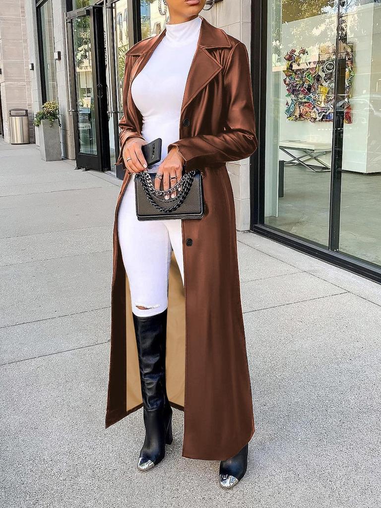 LD2271 Women's Autumn/Winter Long Leather Lapel Cardigan - Buttoned, Warm, Trendy Streetwear Jacket