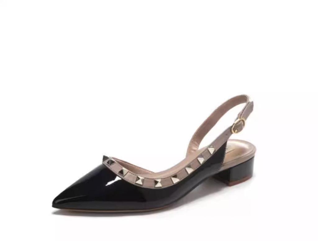 Women's Nude Pointed Toe Chunky Heel Rivet Flats - Patent Leather Closed Toe Sandals for 2025 Spring & Autumn