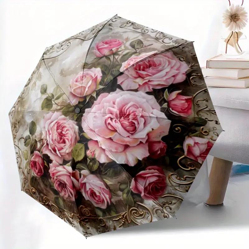 

1pc Vintage Rose Pattern Umbrella - Stylish Portable Folding Design, Lightweight & Durable Iron Frame with Sturdy Iron Rods fo (as the picture,iron&8K)