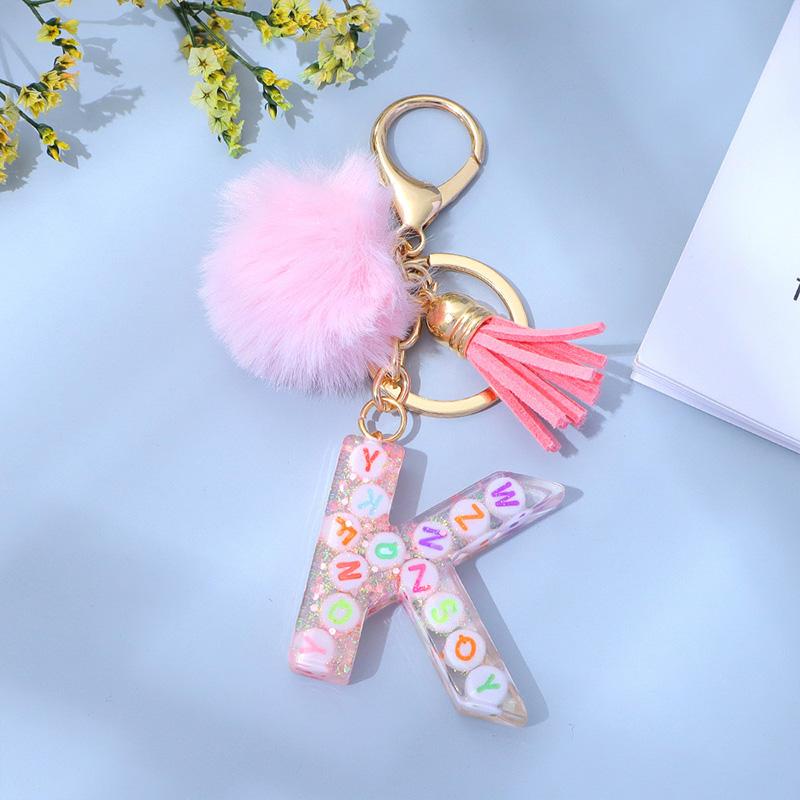 1PC Keyring Key Accessory Letter Filled Colourful Initial Pendant With Fluffy Keychain Glitter Tassel Charms For  Bags Backpacks