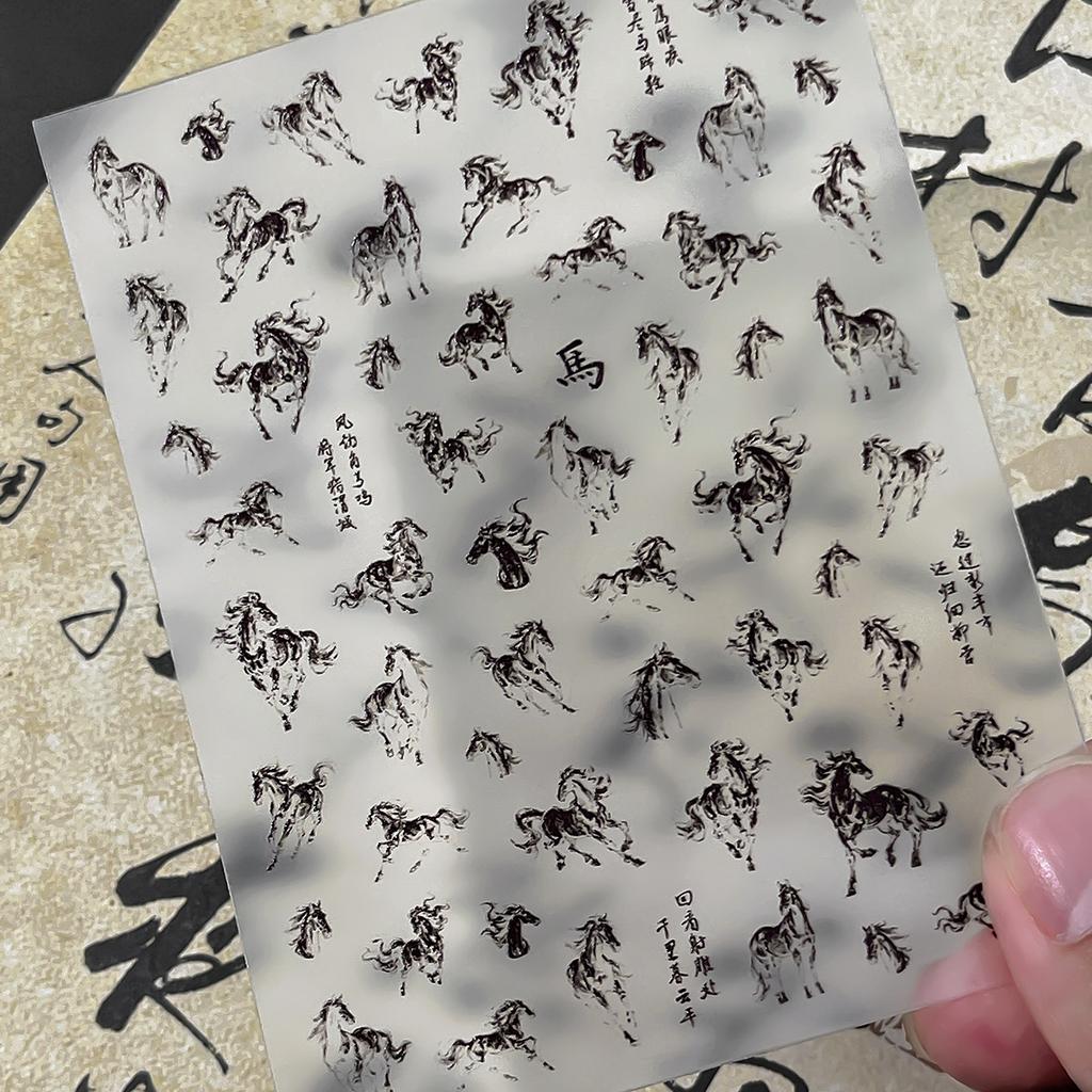 Ink Painting Style Vivid Black White Horse Self Adhesive Nail Art Sticker Diy New Year Decoration Manicure Decal