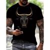 European Sizes Men's 3D Printed Bull Head Pattern T-Shirt, Round Neck, Short Sleeve, Loose Casual Streetwear Top, Suitable for Summer, PLUS SIZE