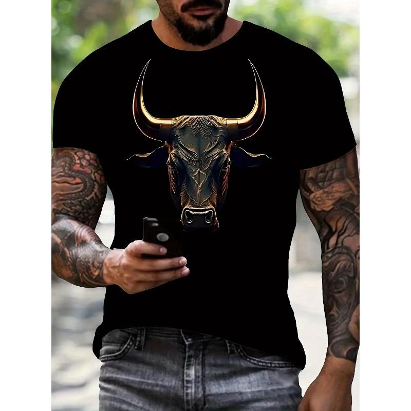 European Sizes Men's 3D Printed Bull Head Pattern T-Shirt, Round Neck, Short Sleeve, Loose Casual Streetwear Top, Suitable for Summer, PLUS SIZE