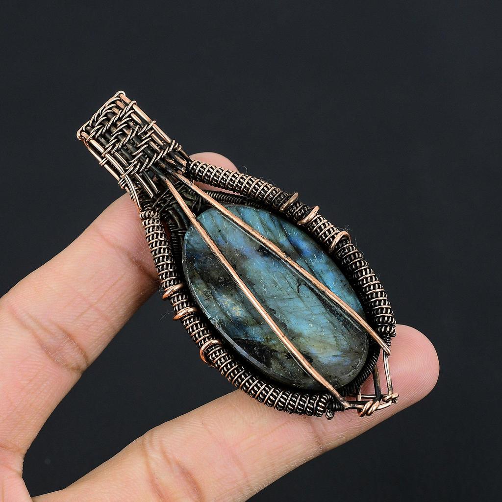 Pingente de Labradorita, Pingente de Gema Artesanal Envolto em Fio de Cobre 999 Joia Antiga, Para Presente Joia de Prata