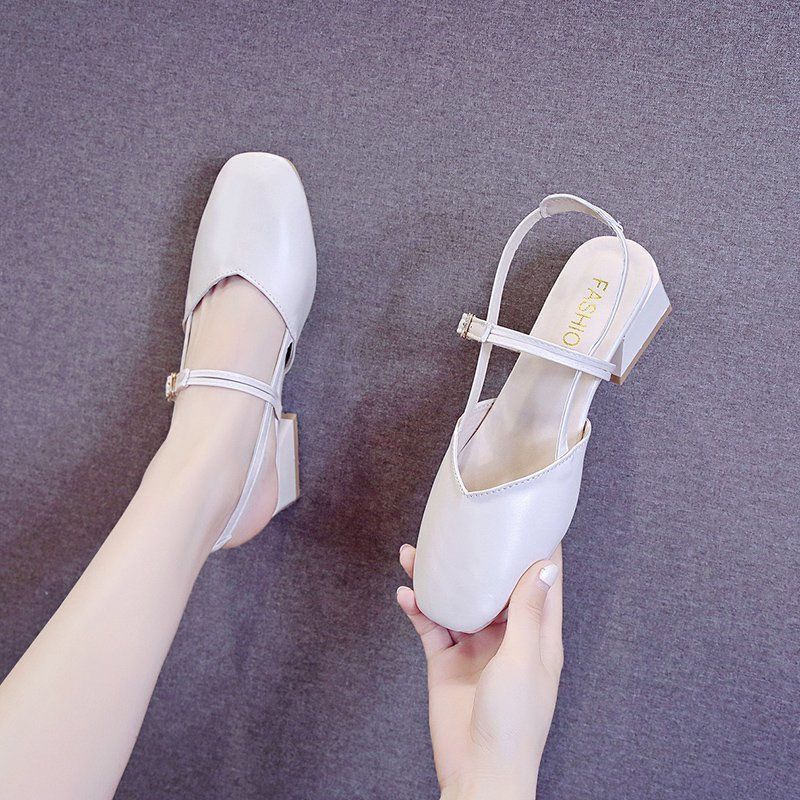 2025 summer new bag head sandals fairy fairy wind middle heel versatile square head thick heel lady gentle square head single shoes
