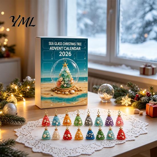 Beach Themed Christmas Decorations 2026 Advent Calendar, Sea Glass Tree 2D Acrylic Ornament Set Holiday Hanging Pendants with String, Countdown Decor,