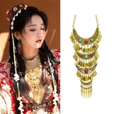 Colorful Stone Bohemia Tassel Necklace Geometric Sweater Chains Tibetan Metal Necklace  Women