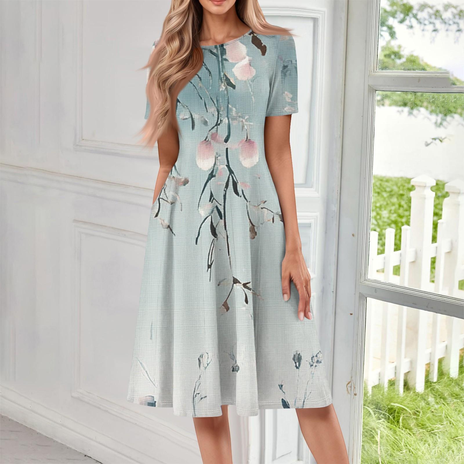 

Женское повседневное модное платье миди с круглым вырезом и коротким рукавом с принтом S