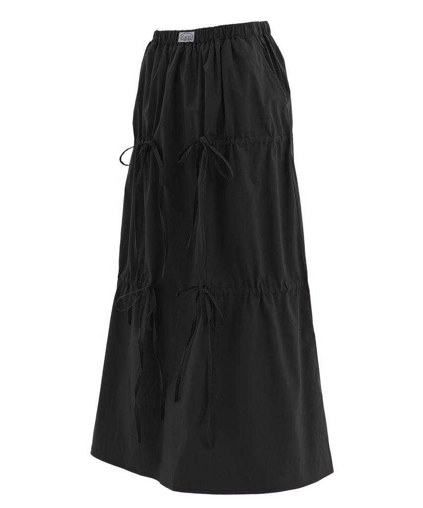 Plasma Sphere Party Shirred Ribbon Cotton Banding Long Tiered Maxi Skirt_Black