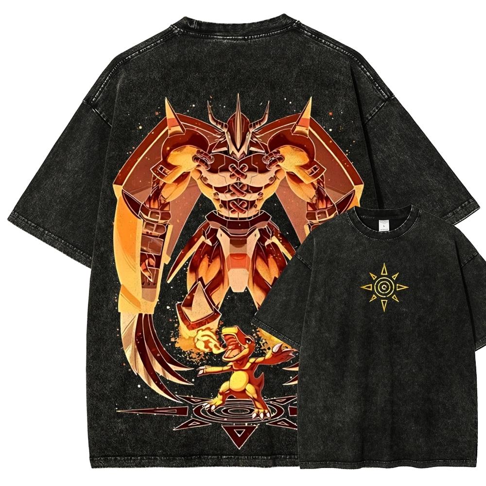 WarGreymon T Shirt Men Digimon Agumon Vintage Acid Wash Streetwear Oversized Retro Japanese Anime Graphic Cotton Tees M