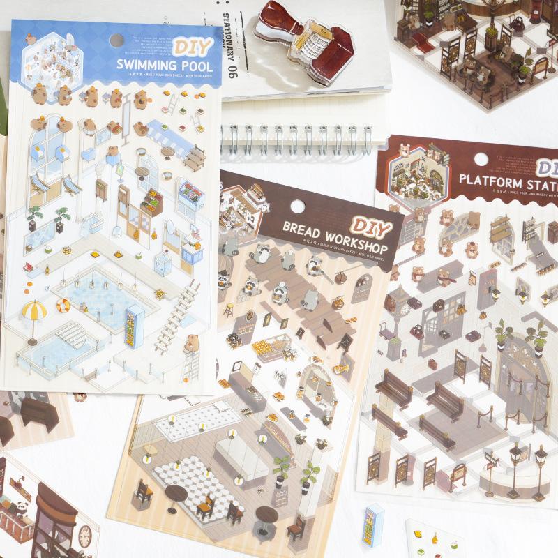 Mr. Paper, 3D House Landscape Decoration Material Sticker Package, Student DIY Scrapbook, Handmade Diary Decoration Sticker