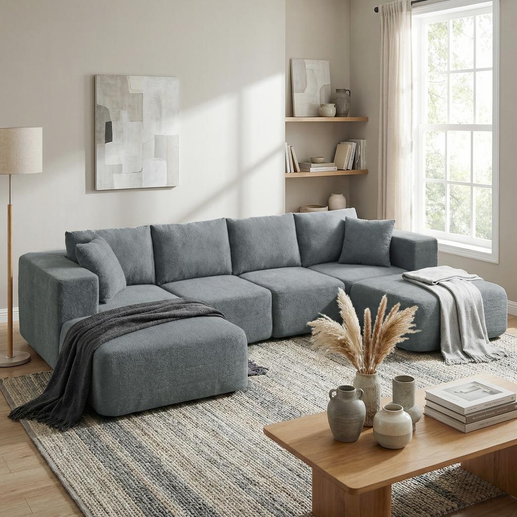 Modulares Ecksofa, U-förmiges Sofa mit breiter und tiefer Sitzfläche, 2 Hocker, Dunkelgrau