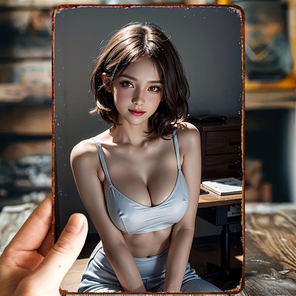 Vintage Women's Face Metal Poster - Elegant Brown Hair Red Lips Portrait - Waterproof Aluminum Sign with Adhesive - Home Cafe Ba