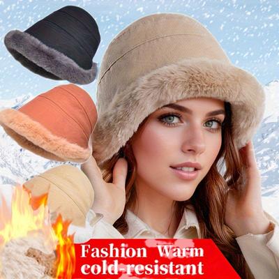 Women's Winter Thermal Bucket Hat with Faux Fur Ear Protection, Thickened Fisherman Hat for Warmth and Style