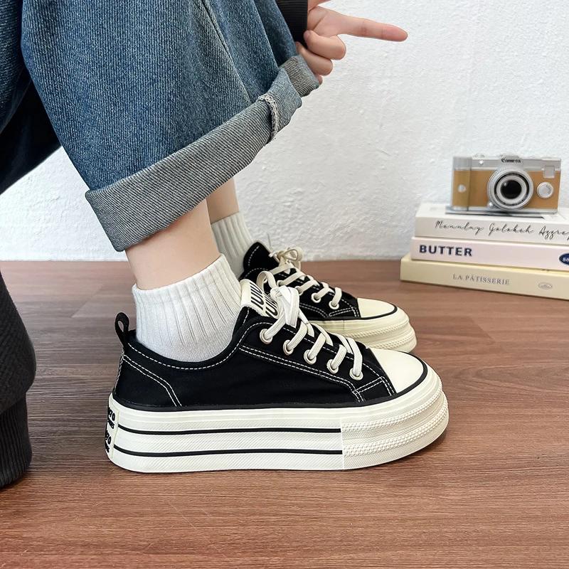 Fashion Women's Canvas Sneakers Thick Bottom Casual Sports Shoes Round Toe Lace-Up White Shoes Good Matching Platform Shoes