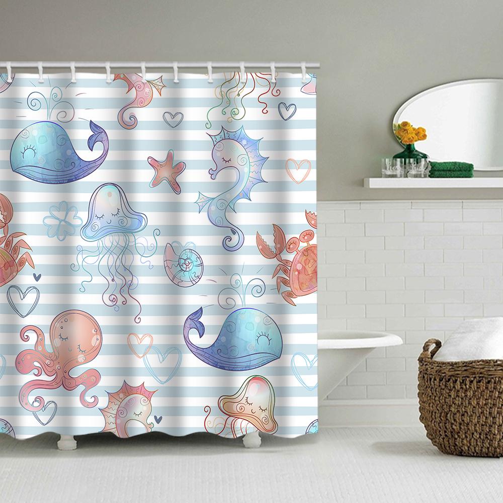 1/4 Marine Organism Shower Curtains, Toilet Seat Decoration, Shower Curtain With Carpet And Toilet Lid, 12 70.8X70.8 Inch Hooks