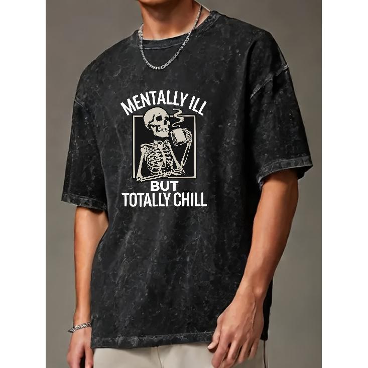 Men'S Summer Oversized T-Shirt with a Letter Skull Print, Featuring Drop Shoulder Sleeves, High-Quality Thick, And a Vintage Wash End