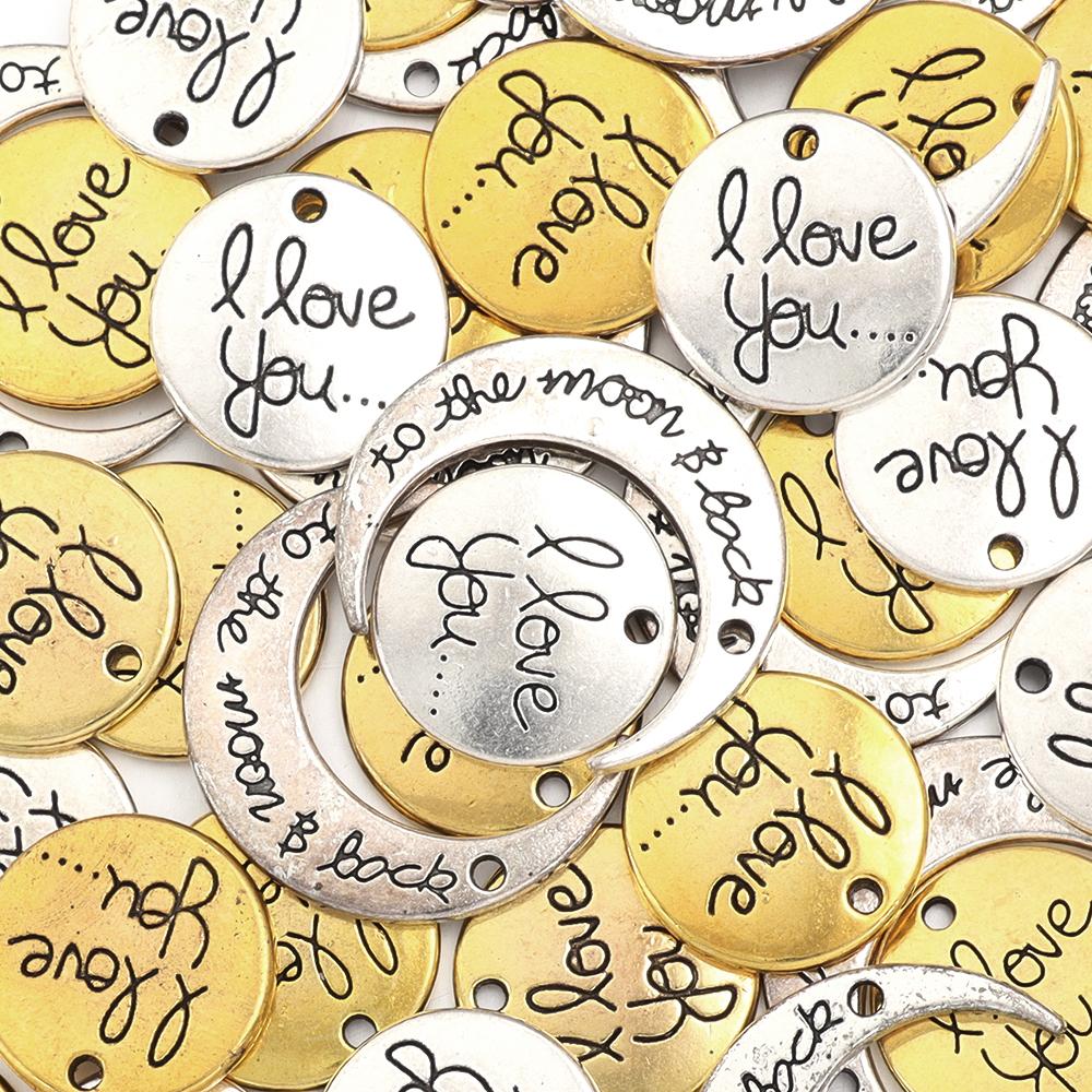 10pcs/lot Retro Alloy Pendant Double-sided Engraved Letters Round Moon Shaped Necklace Pendant DIY Handmade Fashion Jewelry Gift