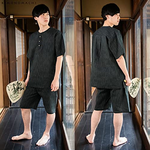 KIMONOMACHI Herren Baumwoll-Leinen Jinbei, Henley-Kragen, „C Mehrfarbige Streifen“, Größe LL, Perfektes Geschenk für den Vatertag oder den Tag der Älteren