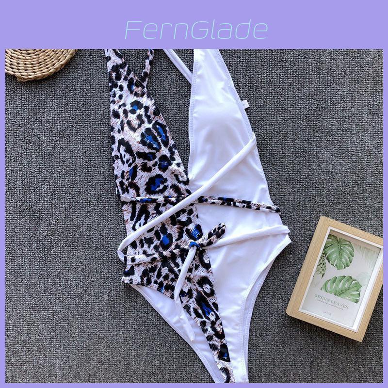 Luxurious Leopard One Piece Bikini Bathing Patchwork Padded Deep V Bandage Halter Swimsuit