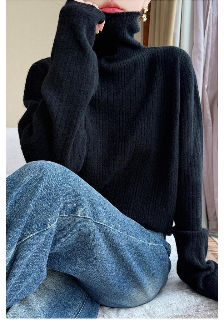 Women's Pure Wool Ribbed Turtleneck Sweater - Autumn/Winter Versatile Commuter Base Layer