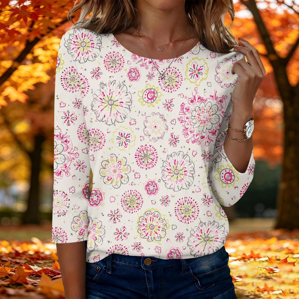 Women's Fashion Casual Three-Quarter Sleeve Floral Print Round Neck Top