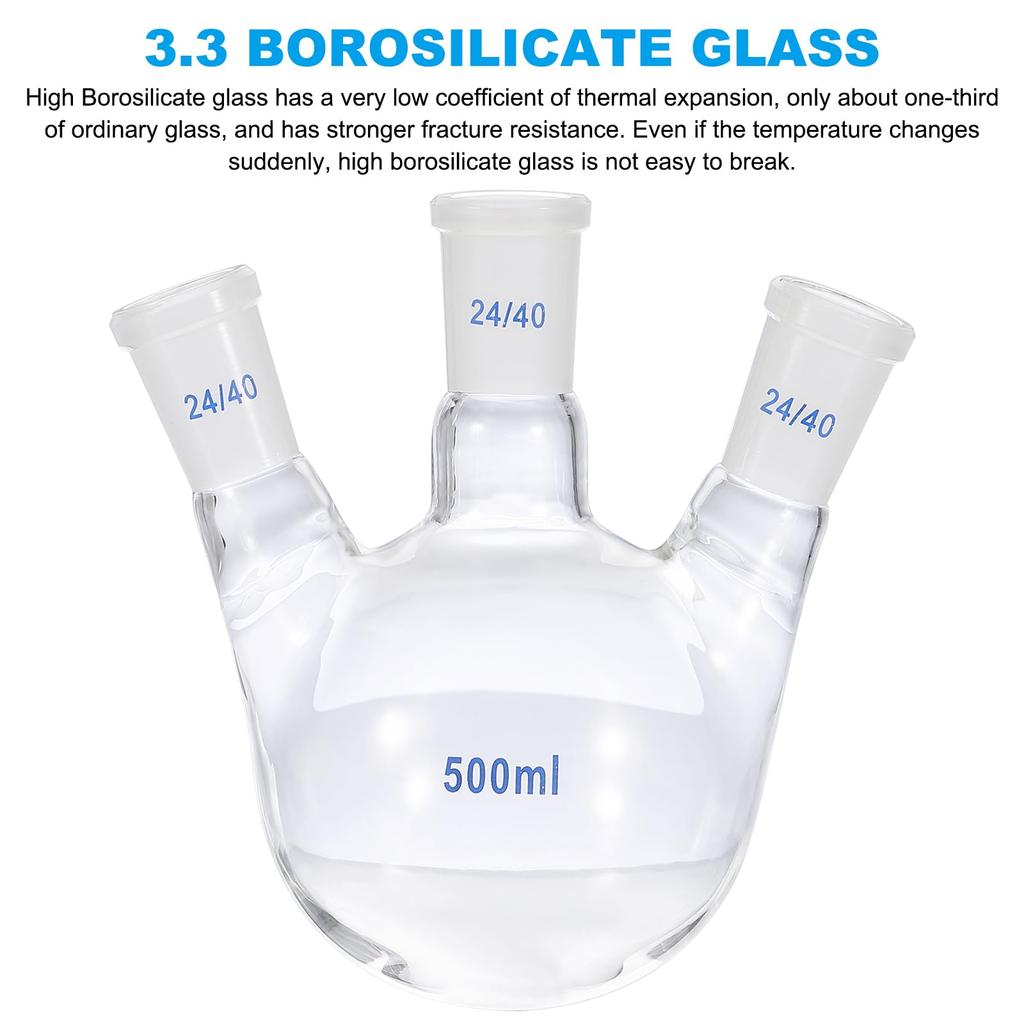 PATIKIL 500ml Boiling Flask, 3.3° Borosilicate Glass, 3-Neck, Round-Bottom, Thick-Walled, 24/40 Standard Tapered Outer Joint, Clear