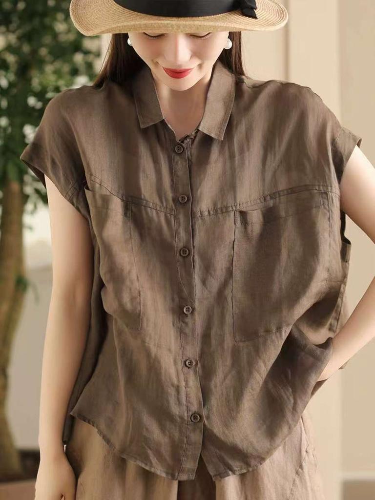 Johnature Women Solid Color Sleeveless Shirts Turn-down Collar Button Summer Pockets Women Vintage Blouses Tops