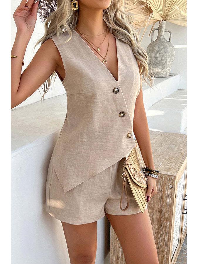 European & American Summer Fashion: V-Neck Irregular Vest and Shorts Set