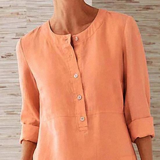 Women Dress Solid Color Pockets Summer Round Neck Long Sleeve Buttons Dress for Dating