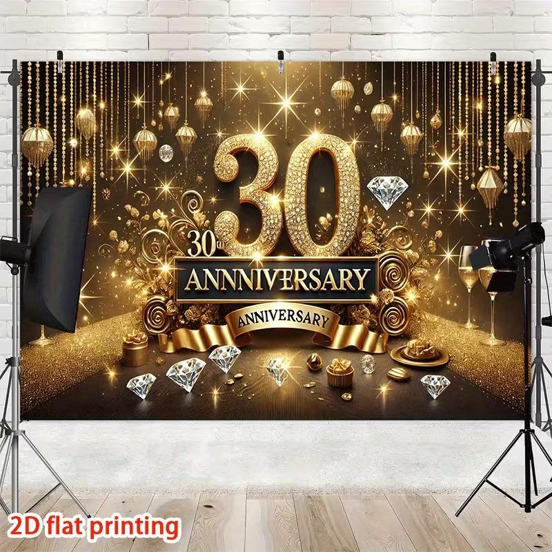 2D Elegant 30th Anniversary Backdrop, Gold & Black Diamond Celebration Banner
