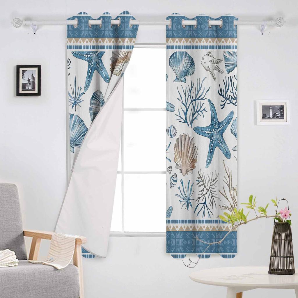 Marine Coral Shell Starfish Blue Series Blackout Curtains For Living Room Bedroom Printed Window Treatment Drapes Home Decor