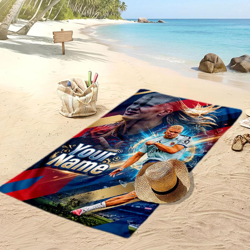 Asciugamano da Spiaggia Personalizzato Stampato Erling Haaland Logo Calcio Supporto Nome Personalizzato Testo Asciugamano Assorbente Per Sport Viaggio Regalo Speciale