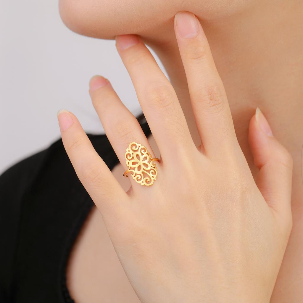 Stainless Steel Gold Filigree Flower Rings Women Wide Ring Aesthetic Jewelry Valentine's Day Gift